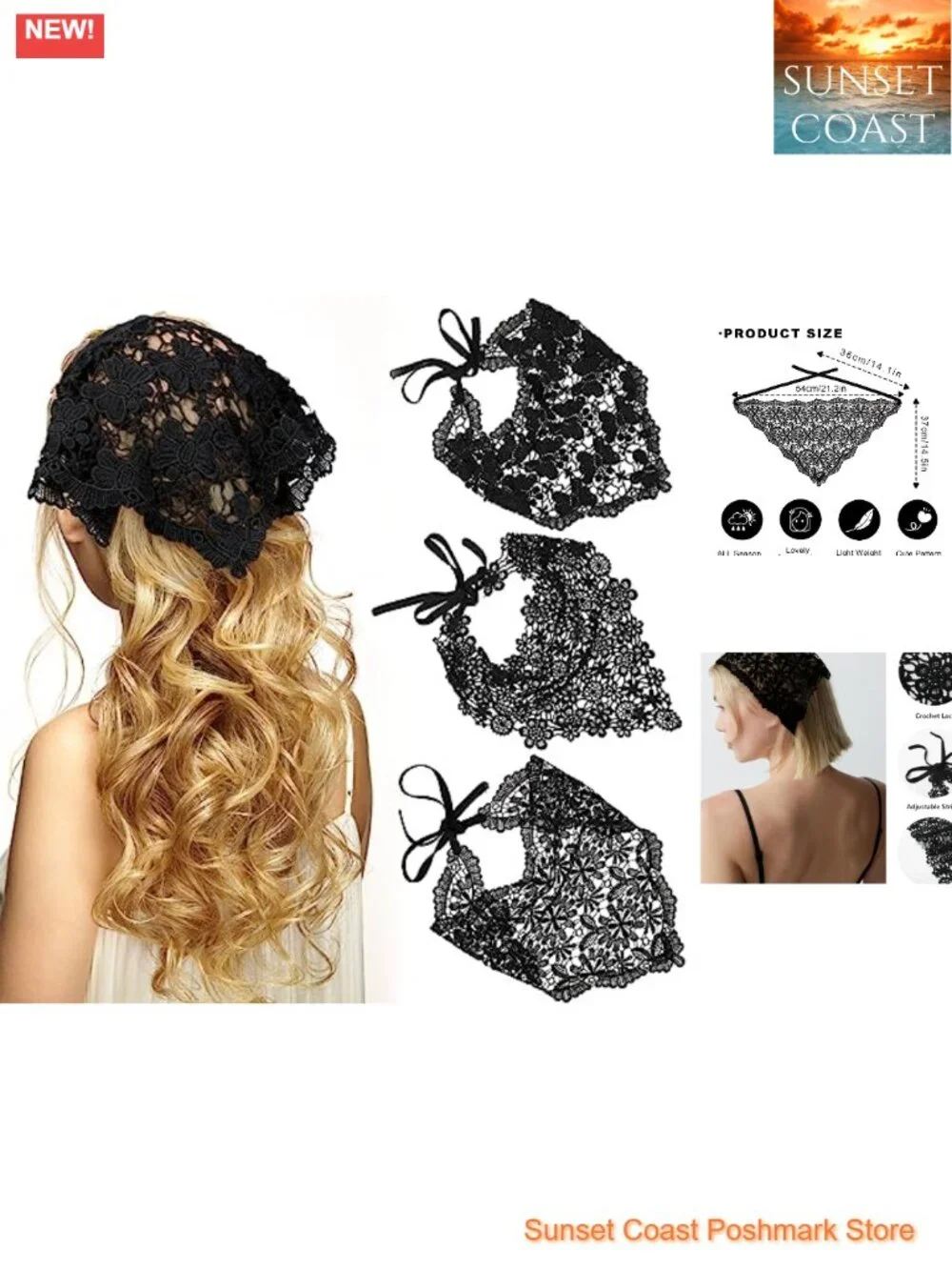 3PCS Lace Head Scarf for Women, Crochet Hair Bandana Headband